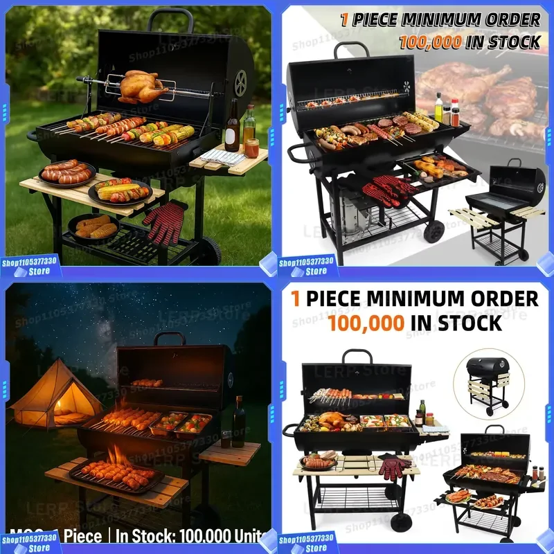 Portable Charcoal Grill Steel Outdoor BBQ Trolley Modern Commercial Premium Luxury Heavy Duty Grilling Station for Garden