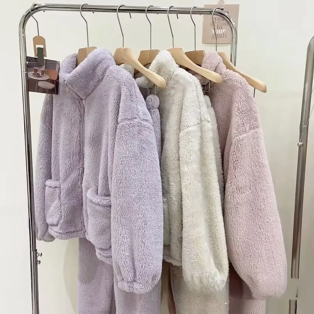

Plus Size Fleece Lined Thickened Zipper Stand Collar Coral Fleece Sleepwear Set Warm Autumn Winter Home Wear Comfortable Casual