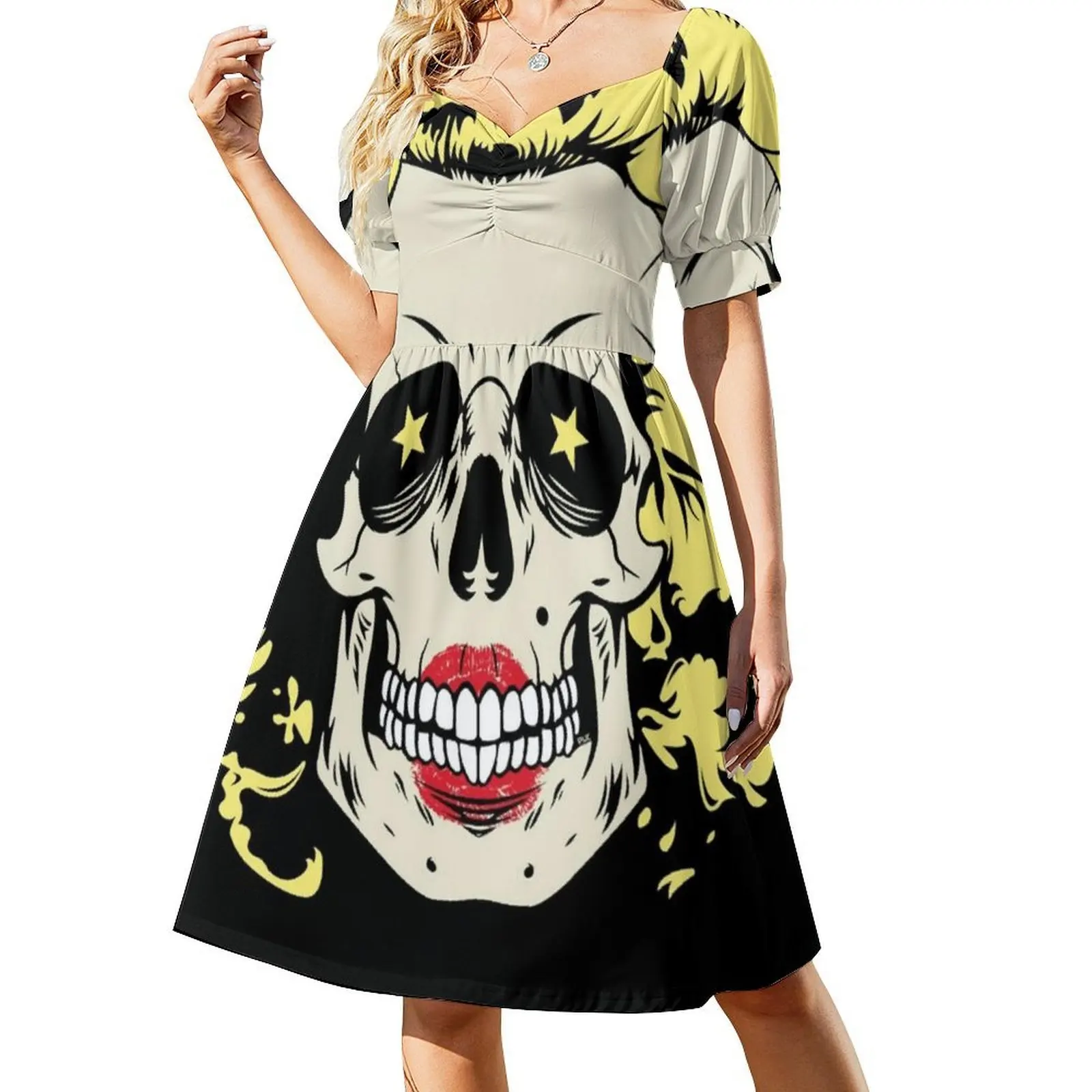 فستان مارلين جمجمة توضيحي مزين بالزهور للنساء للربيع والصيف فستان كاجوال للحفلات مارلين مونرو هيكل جمجمة #2