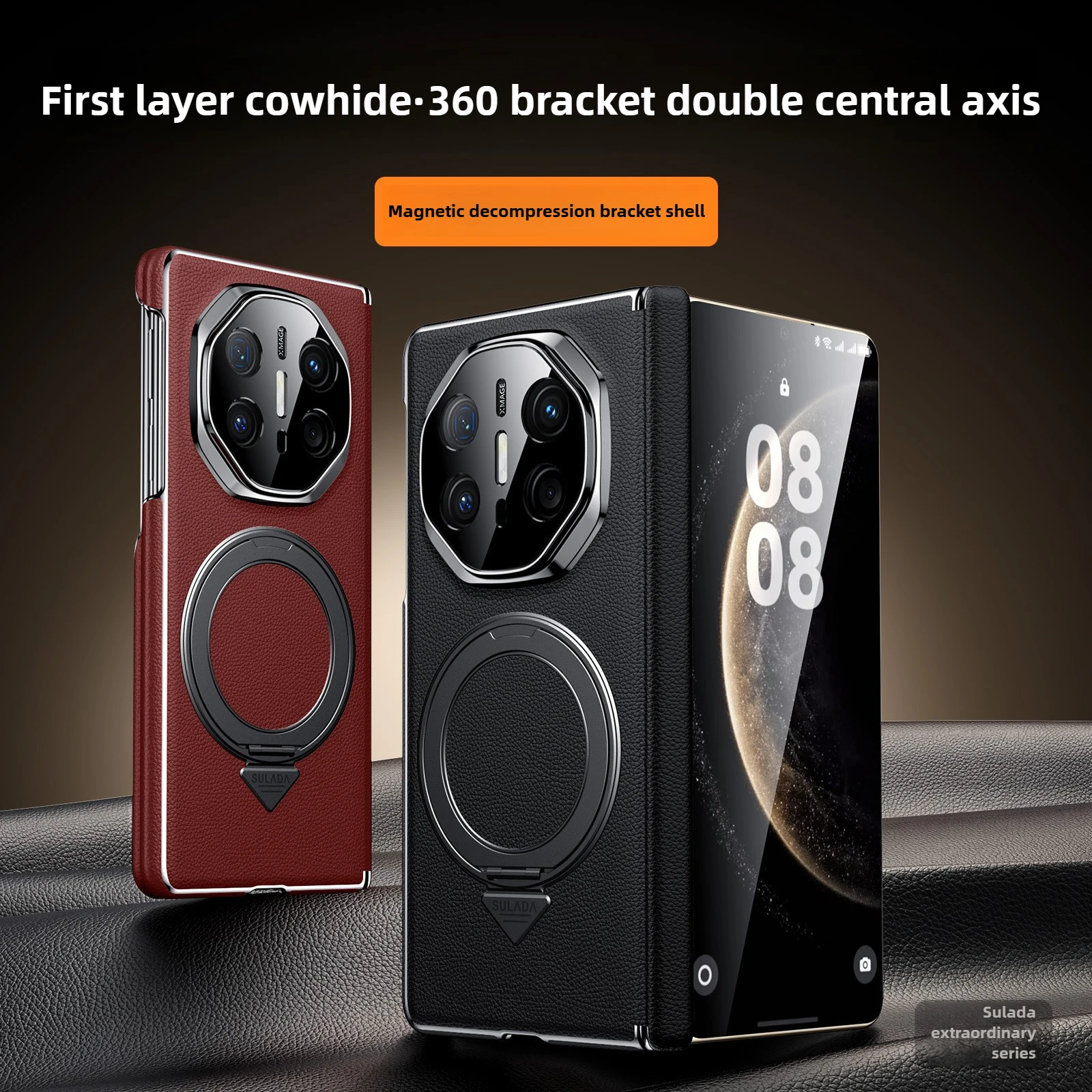 

【Dual Center Column】for Huawei Mate X7 Case Genuine Leather Cowhide SULADA Extraordinary Magnetic Stand for Mate X6 X5 X3 Case