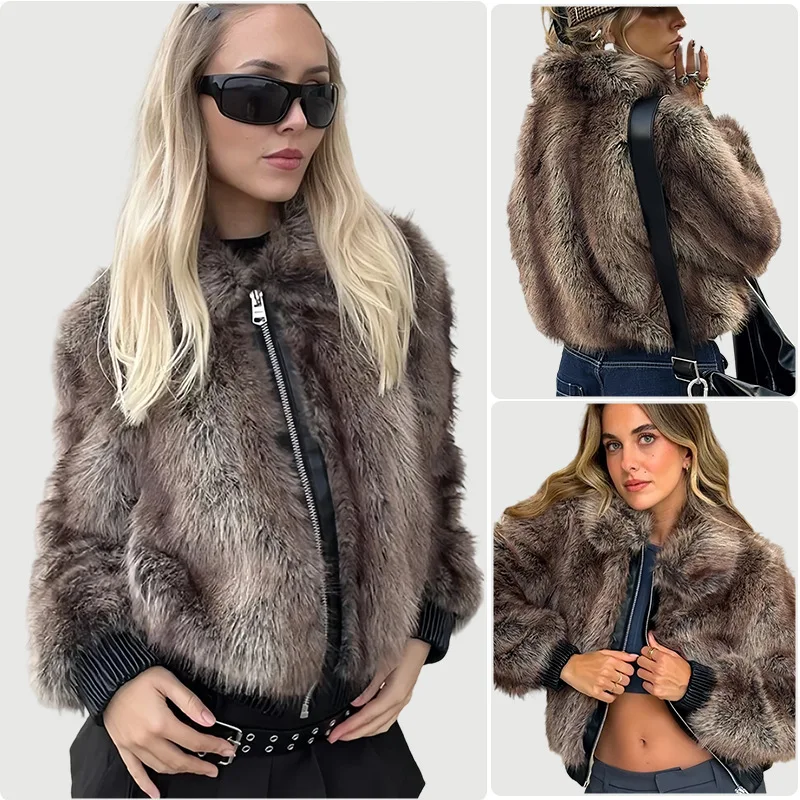 

cool winter women's mink fur jacket retro brown alpel collar zipper female artificial fur coat slim highstreet lady eco fur coat