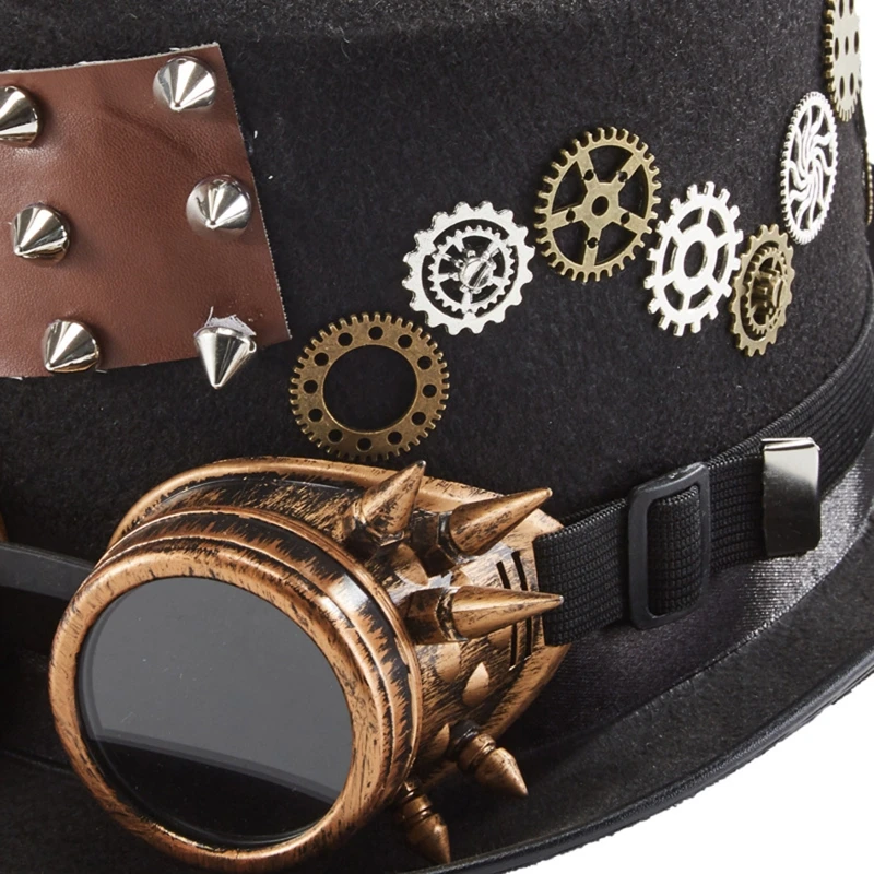 Victorian Steampunk Hat with Goggles & Gear Chain Rivet Top Hat for Dance Prom Drop shipping