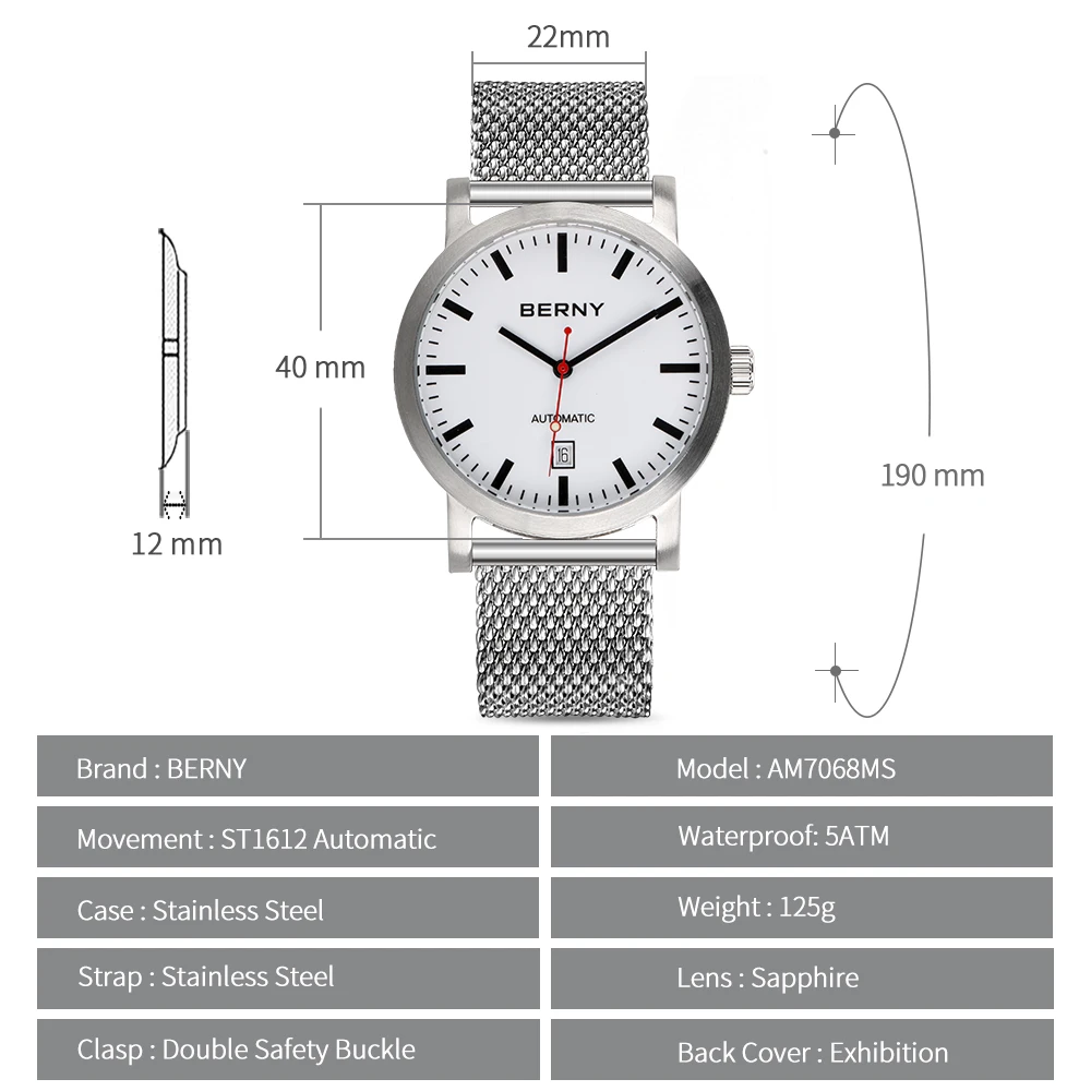 Swiss Railway Automatic Watch Men Sapphire Stainless Steel Luxury Self Winding Men Watch 5ATM Waterproof Mechanical Wristwatch