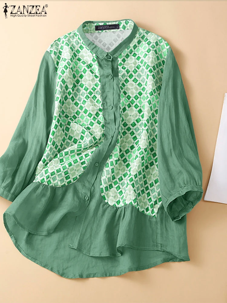 

ZANZEA Casual Loose Blouse Retro Printed Stitching Shirt 2025 Spring 3/4 Sleeve Buttons Tops Holiday Streetwears Female Tunics