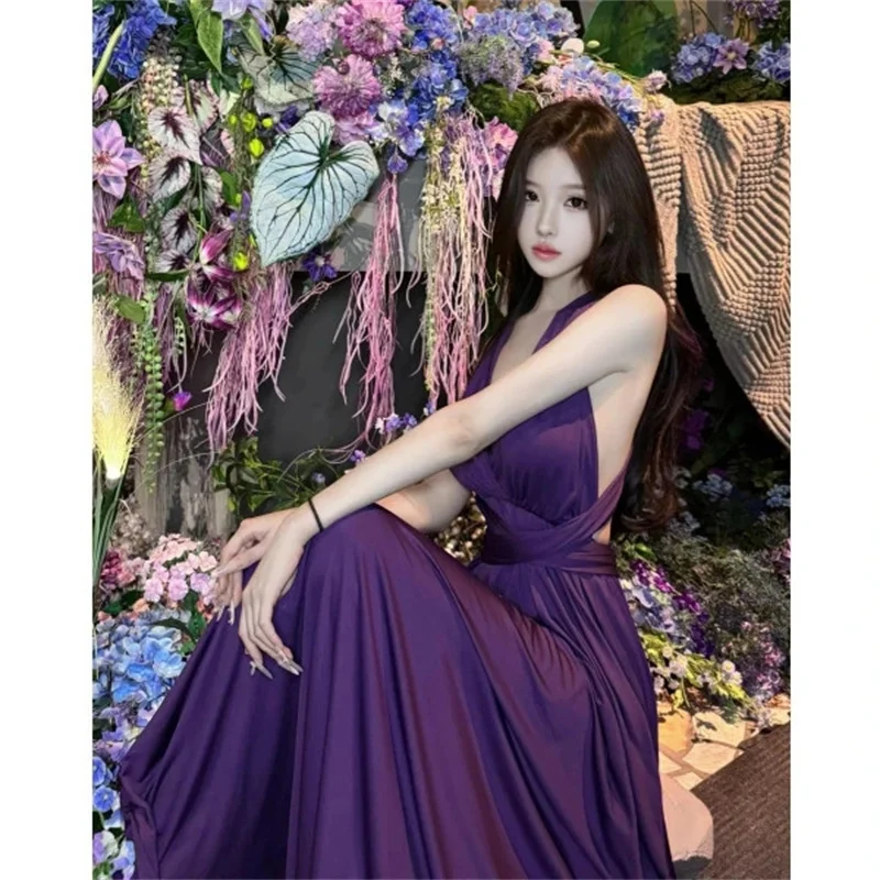 

High end Backless Purple Neck Hanging Women Dress 2025 Spring and Autumn Temperament Socialite Long Engagement Dress Strap Dress