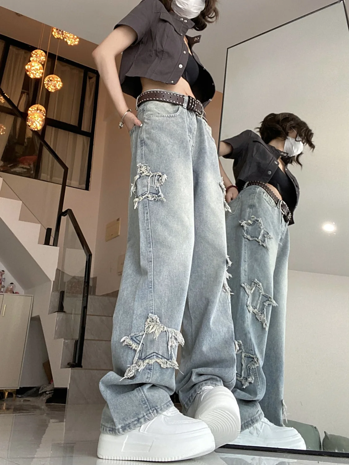 Jeans Washed Star Graphic Patch Floor Length Distressed Straight Trousers Vintage Denims Women Wide Leg Pants Streetwear