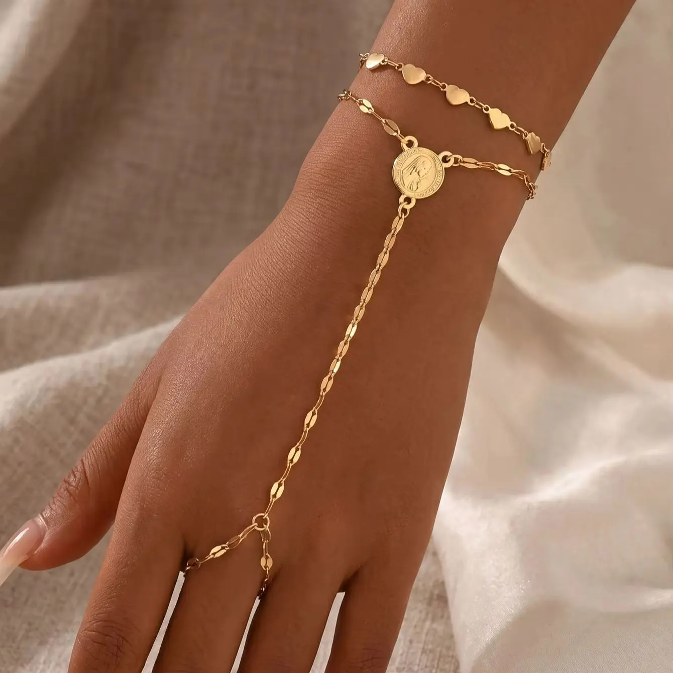 Gold Hand Harness Bracelet Heart Chain Virgin Mary Coin Hand Chain With Finger Ring Adjustable Women Dainty Hand Jewelry