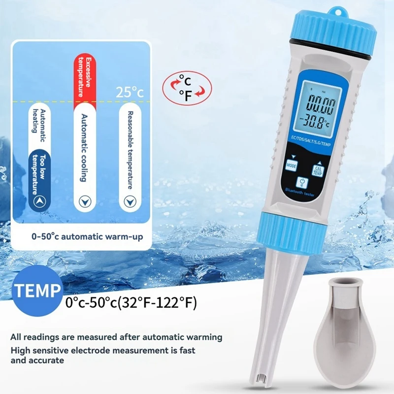5-In-1 Bluetooth Water Quality Tester TDS, PH, Salinity, Temp, EC Meter For Hydroponics, Aquariums, Pools