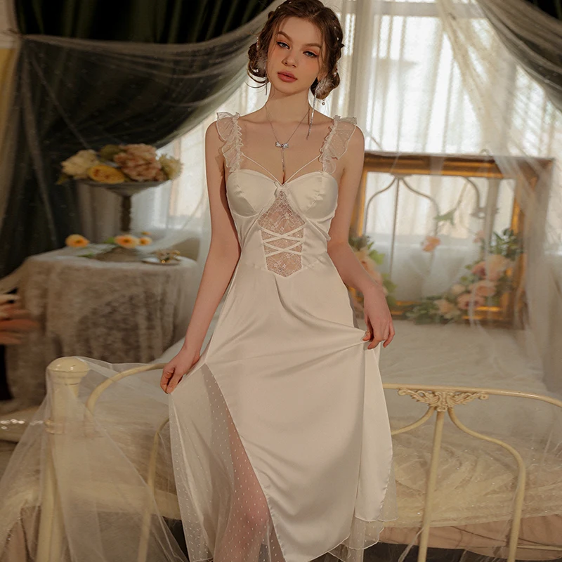 Sexy Mousse Ladies Spring Sexy Long Pajamas Ice Silk Girls Suspender Night Wear Women's Nightdress Home Clothing Set White