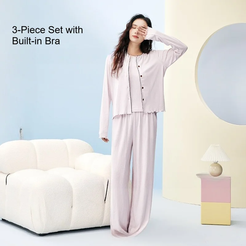 Women's A-Class Tencel Cotton Spandex Pajama Set 3 Piece Solid Color Soft Thin Loungewear Sleepwear Autumn 2XL Size Breathable