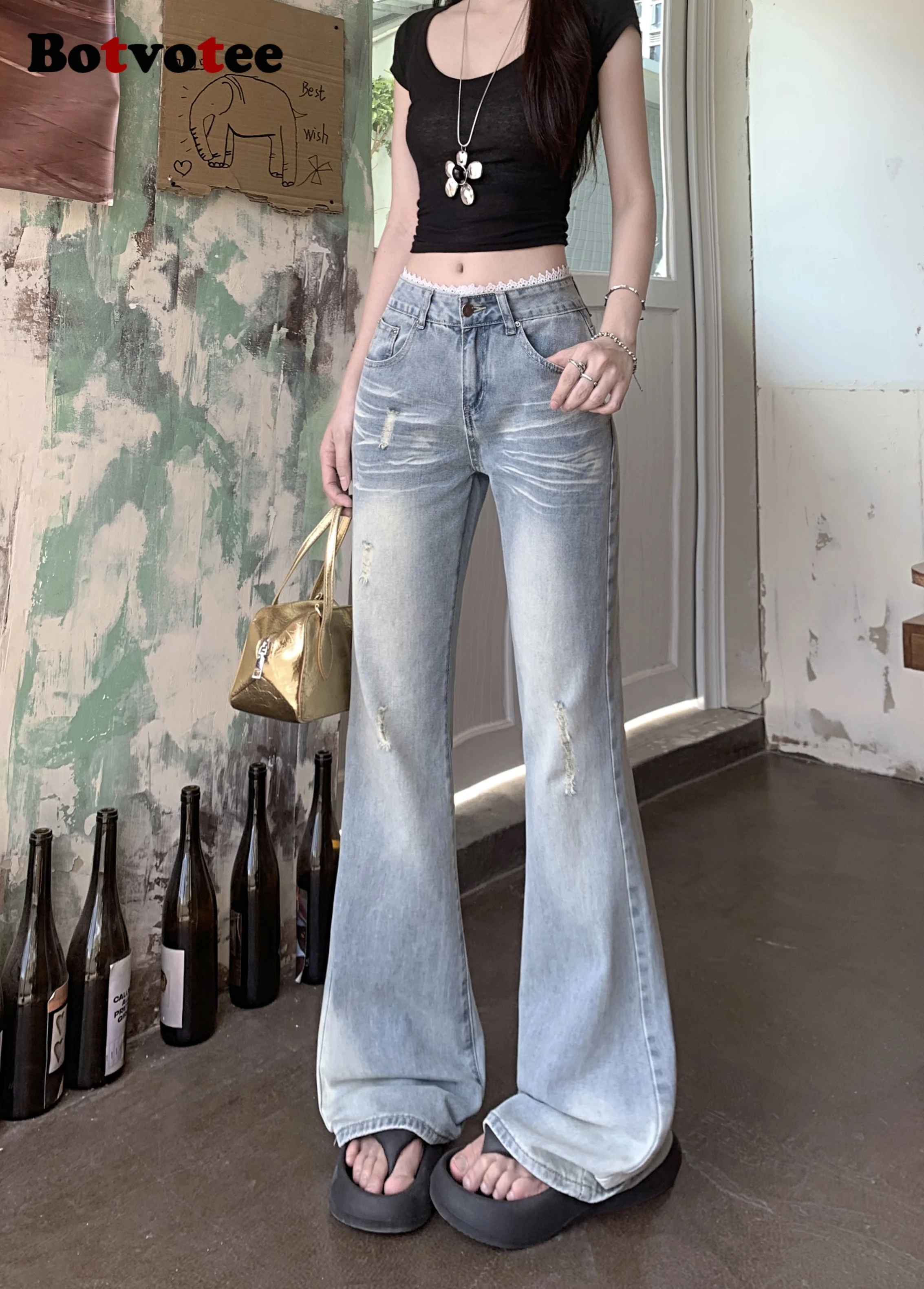 

Botvotee винтажные американские джинсы с кружевными вставками для женщин, расклешенные джинсы с низкой талией 1950-х/1960-х годов, светло-голубые брюки