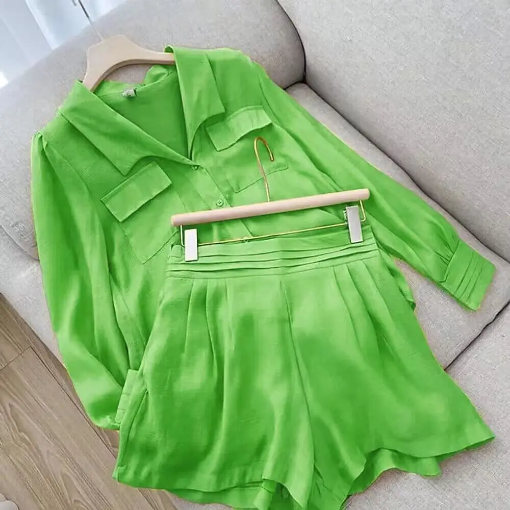 2Pcs/Set Women Shirt Shorts Suit Turndown Collar Long Sleeves Tracksuit Lapel Pocket Loose Shirts Top + Pants Two Piece Sets