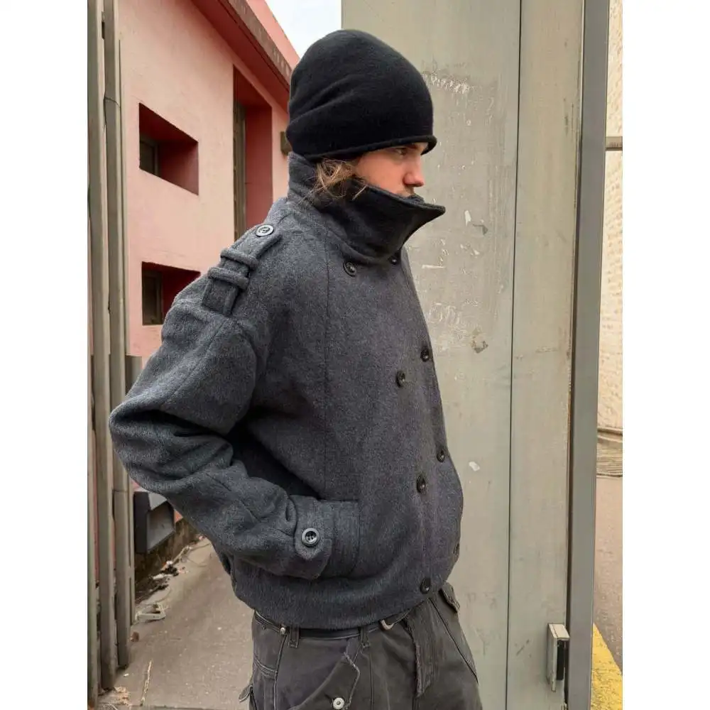 Winter street temperament commuter woolen coat, solid color advanced, double-breasted design, personalized retro turtleneck coat