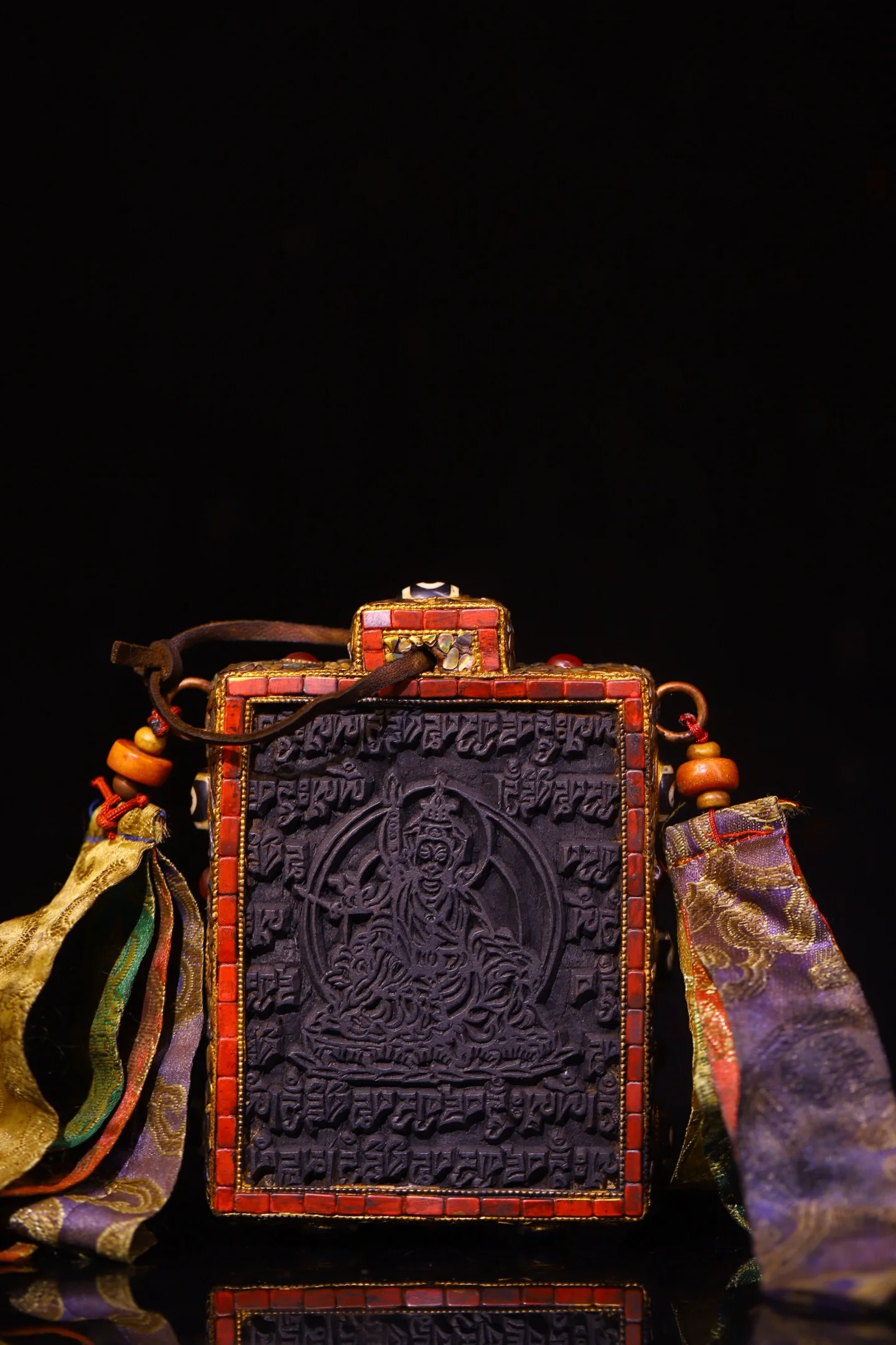 Old Bodhi Root Wood Mosaic Gem gZi Beads Turquoise Guru Rinpoche Buddha  Version hanging panel prayer flag Worship Hall