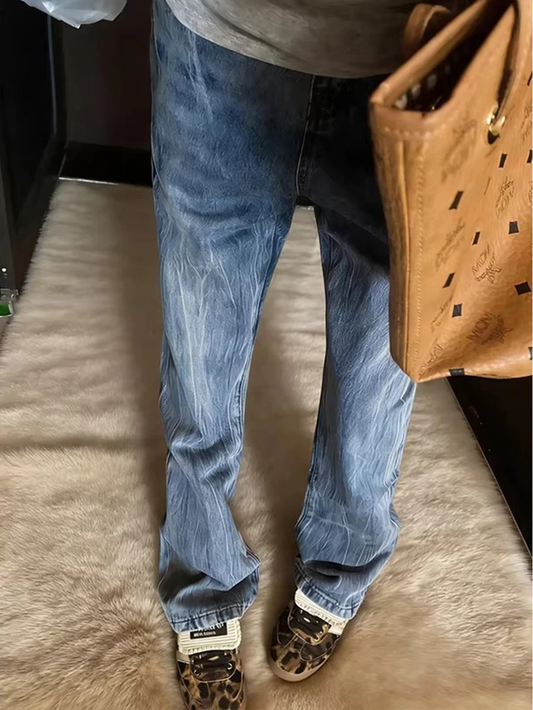 Cleanfit Men's Bell Bot Jeans American High Street Vibe Lightning Pattern Straight Leg Extended Length Slimming Effect