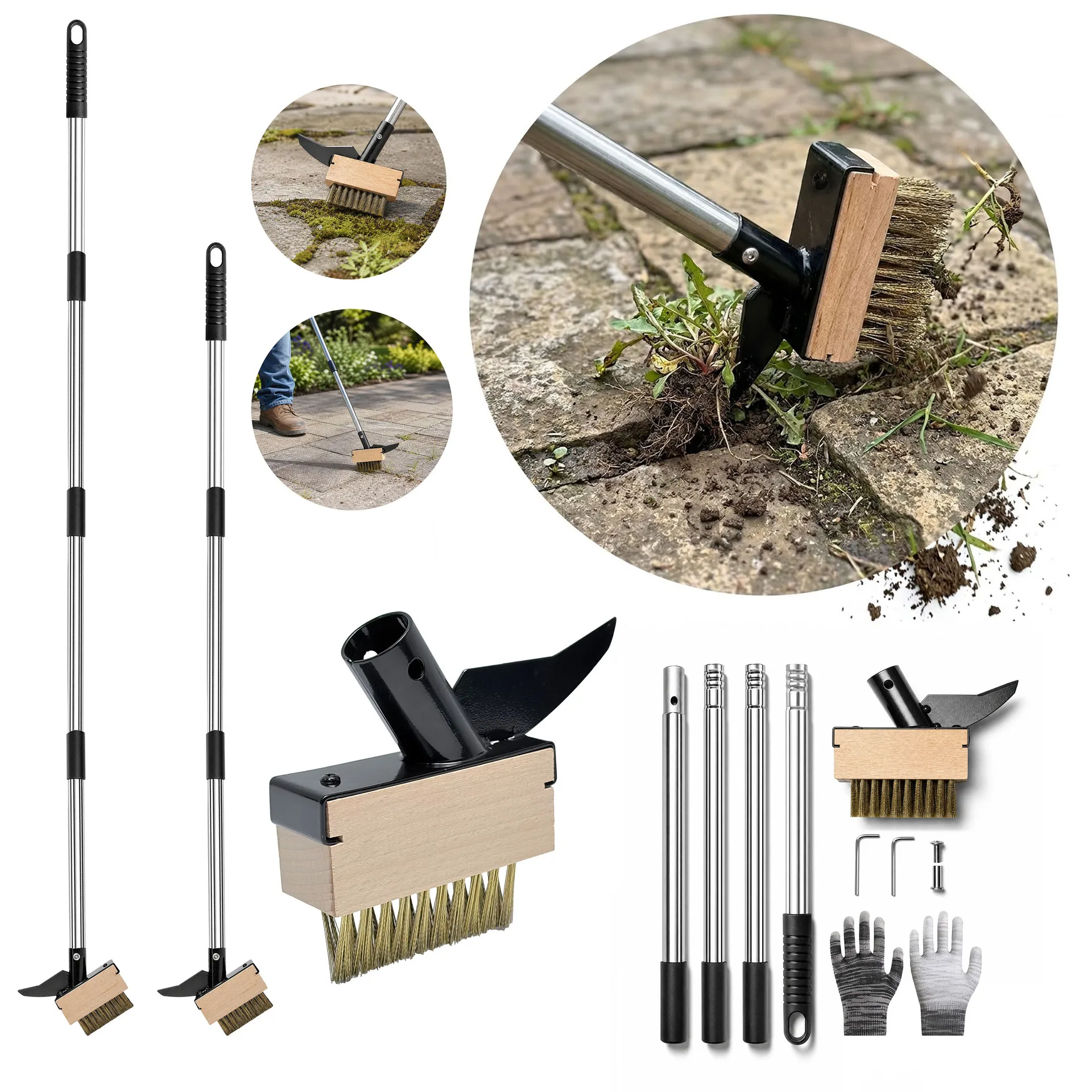 2-in-1 Crevice Weeding Brush with Sickle and Wire Brush for Tight Floor Gaps, Garden Weed Removal Tool for Gardeners