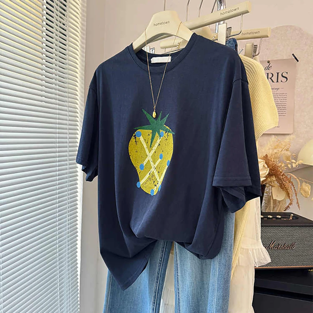 المرأة رقيقة تي شيرتات رائع الصيف عادية فضفاض س الرقبة الفراولة طباعة الأساسية تي شيرت الإناث قصيرة الأكمام سليم صالح تيز القمم