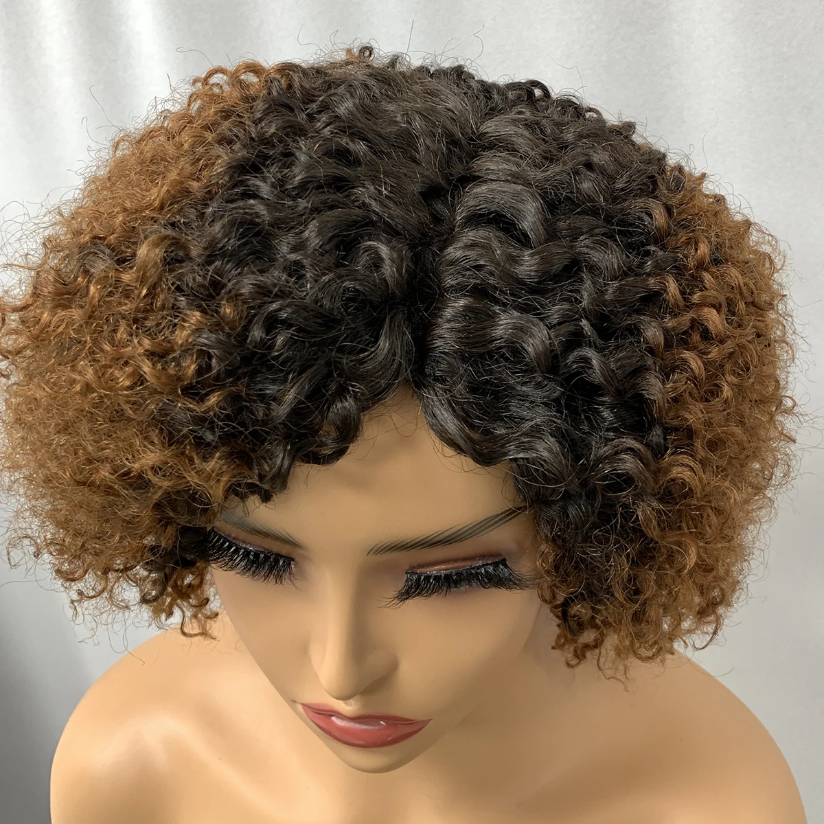

250% Density Colored Short Curly Wig Afro Curly 100% Human Hair Wigs For Women Pixie Curl T1B/30 Non Lace Machine Made Wigs