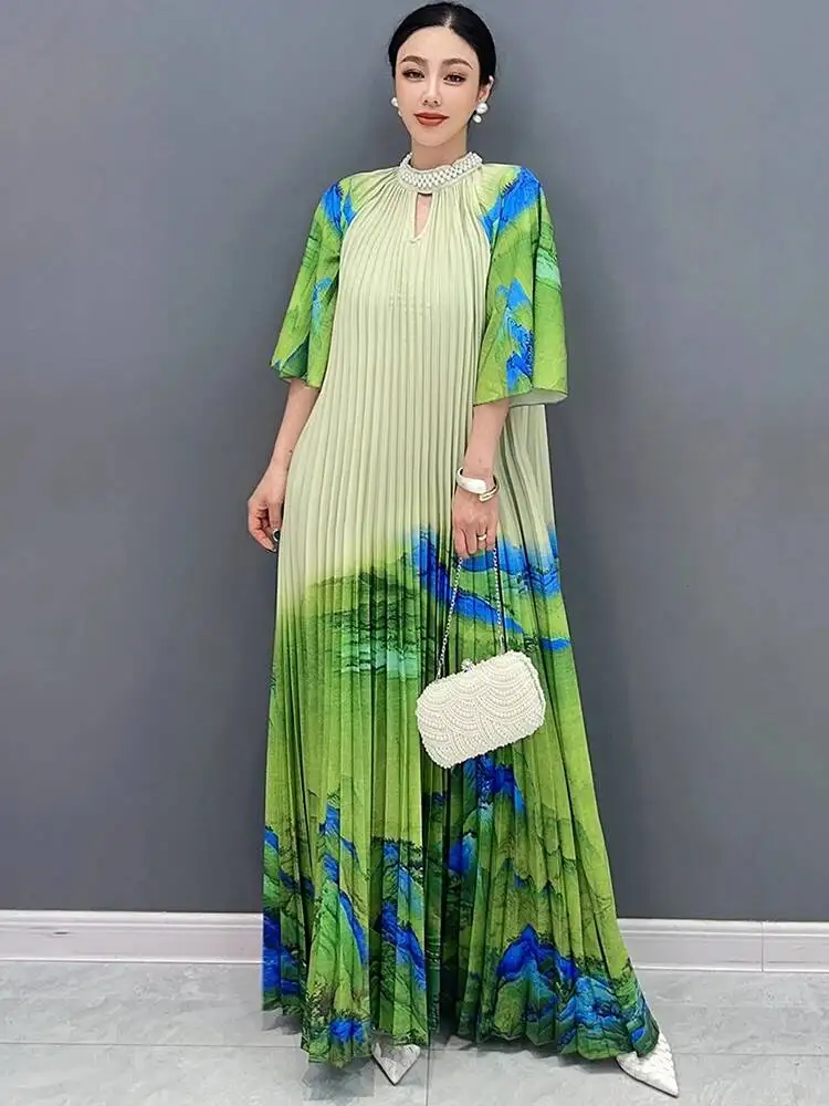 Hundred Pleated Printed Large Hem Dress With Heavy Industry Inlaid Diamonds Green Robe Clothes 2026 Spring New 5RZYKJ