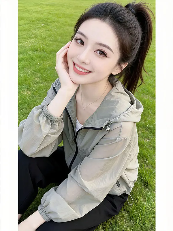 Women's Casual Hooded Short Length Breathable Summer New Loose Fashion Sun Protection Clothing Small Size Long Sleeve Zipper