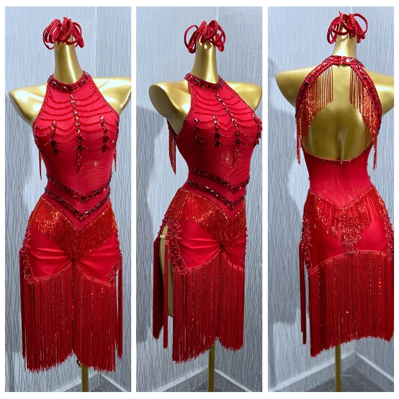 Latin dance dress  competition fringe Latin dancewear for girls Latin dance costume with beads tube ChaCha dance dress GOODANPAR