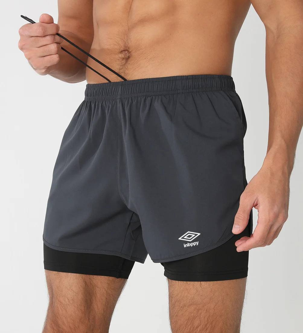Diamond Frame Print 2 Layer Fitness Shorts For Male Elastic Waist Rear Reflective Zipper Pocket Lightweight Gym Shorts