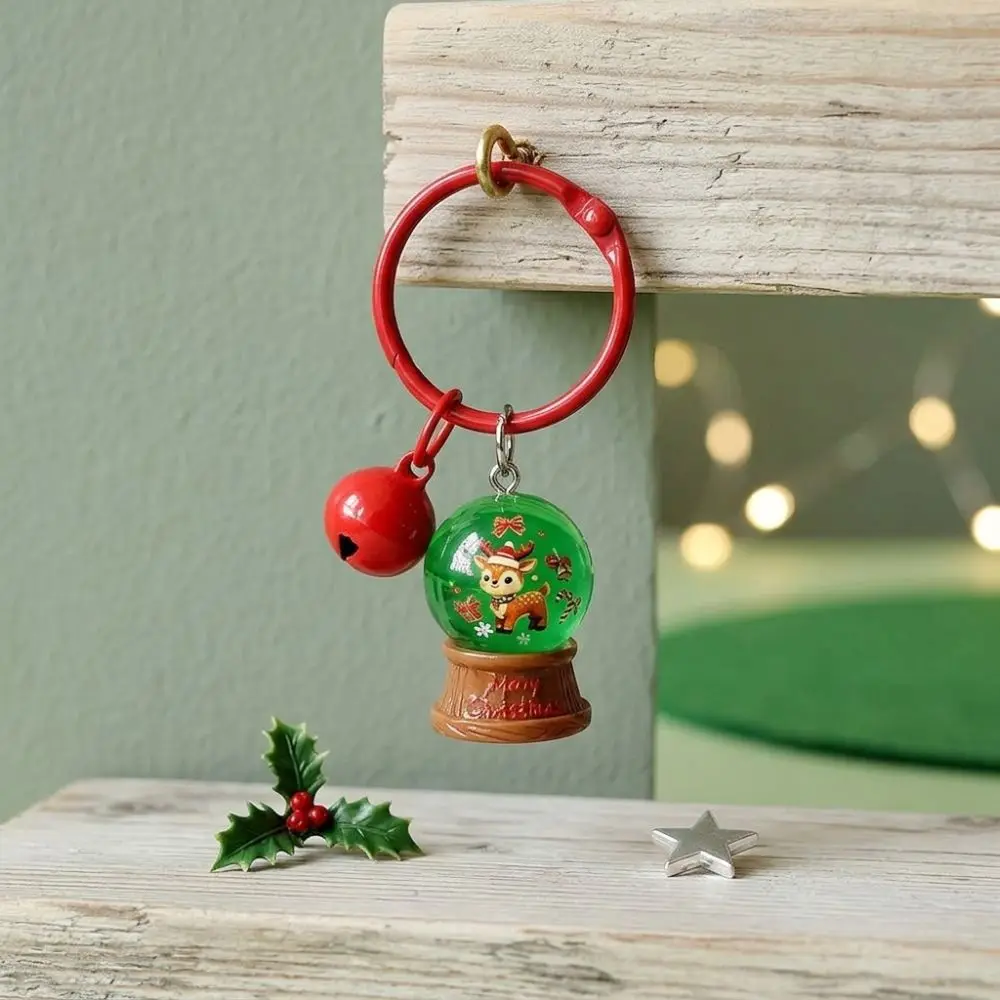 Resin Ball Christmas Crystal Ball Keychain with Red Bell Miniature Scene Santa Claus Keychain Cartoon Fade Resistant
