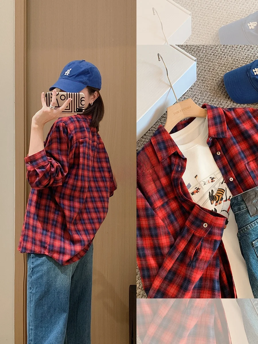 

Новая весенняя женская хлопковая рубашка-кардиган в клетку с двойными карманами, имитирующая фланель, с длинными рукавами, повседневная, свободного кроя, в рабочем стиле