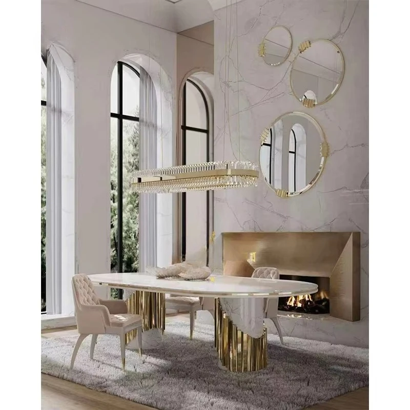 Modern Luxury Oval Dining Table Golden Stainless Steel Frame Rectangle Marble Top Dining Table Set for Villa