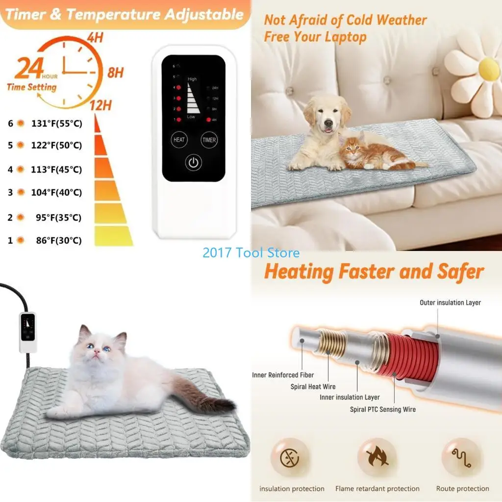 

K92A Dog Electric Blanket Heating Pad Pet Bed Mat Waterproof Anti-Bite Cord 6 Adjustable Temperature Chair Cushion Indoor