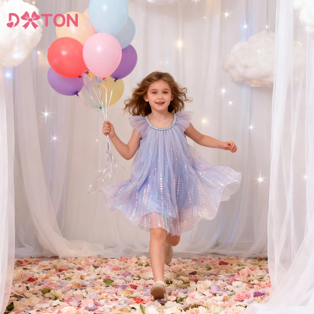 DXTON Tiffany Chiffon Baby Girls Princess Outfits Sleeveless Summer Children A-line Dresses Blingbling Sequin Kids Party Costume