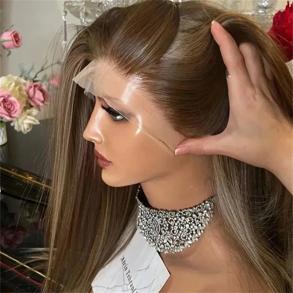 Dark Ash Blonde Highlights Straight Synthetic Wig for Women Lace Frontal Cosplay Daily Wear Party Fiber Wig Realistic Look Wig