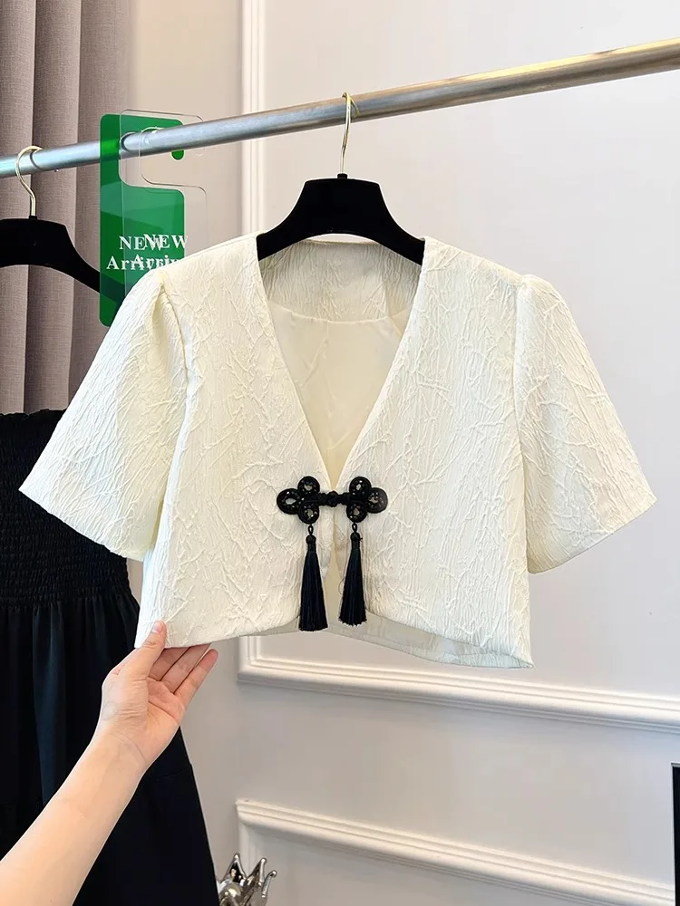 

New Chinese Style Large Size Women's Jacket Short Sleeve Button up Summer Fashionable Versatile Cardigan Coat for All Body Types