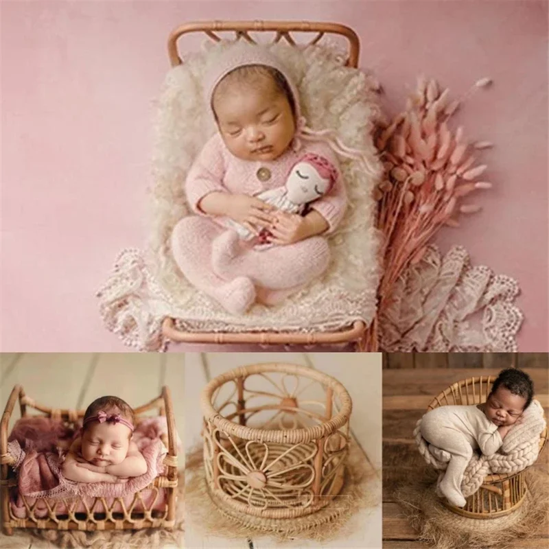 Newborn Photography Props Vintage Retro Handmade Mini Baby Bed Rattan Posing Cribs Cot Studio Accessories Items Furniture Prop