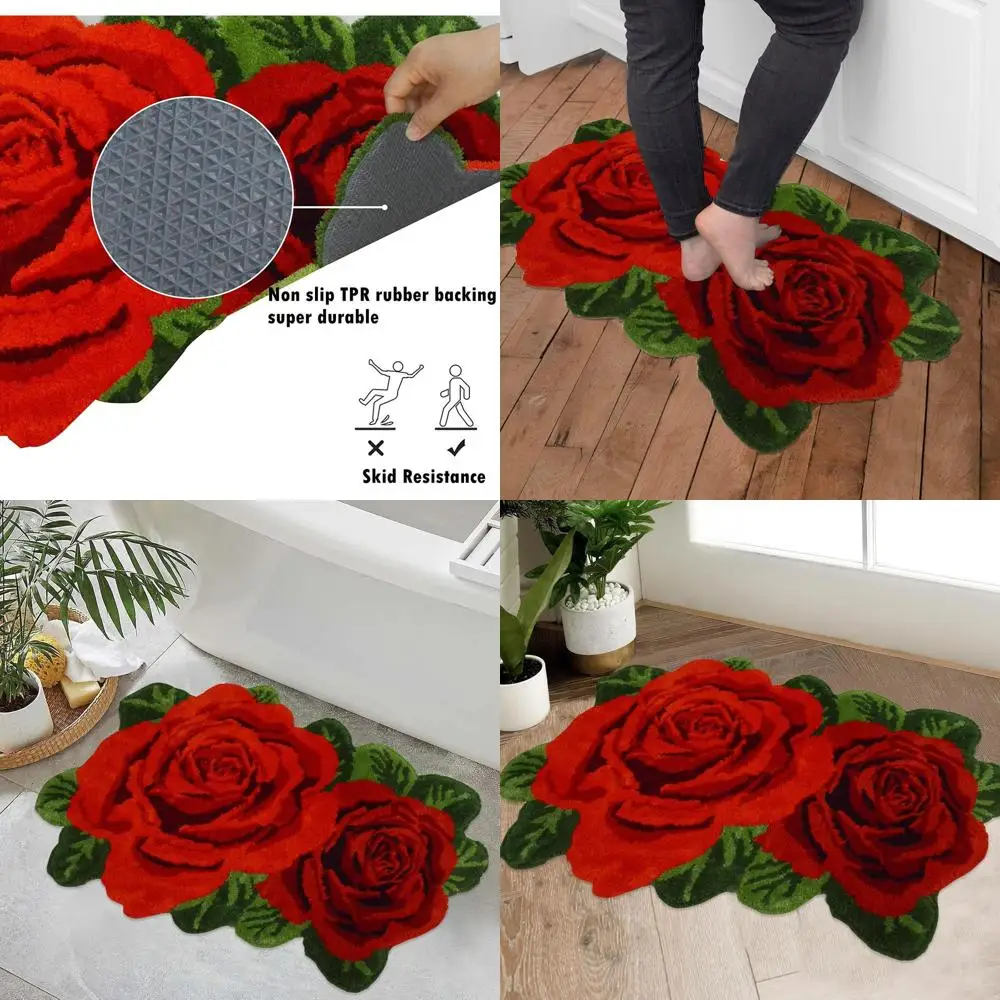 

2x3ft Red Shaggy Flower Bath Rug - Plush, Water-Absorbent Mat for Kitchen, Vanity, Bathtub, Washable