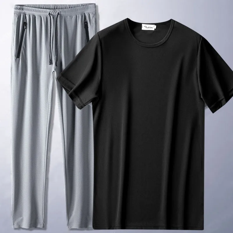 Conjunto de pijamas de seda de hielo para hombre, camiseta de manga corta transpirable y pantalones, ropa deportiva, ropa de dormir informal suelta,