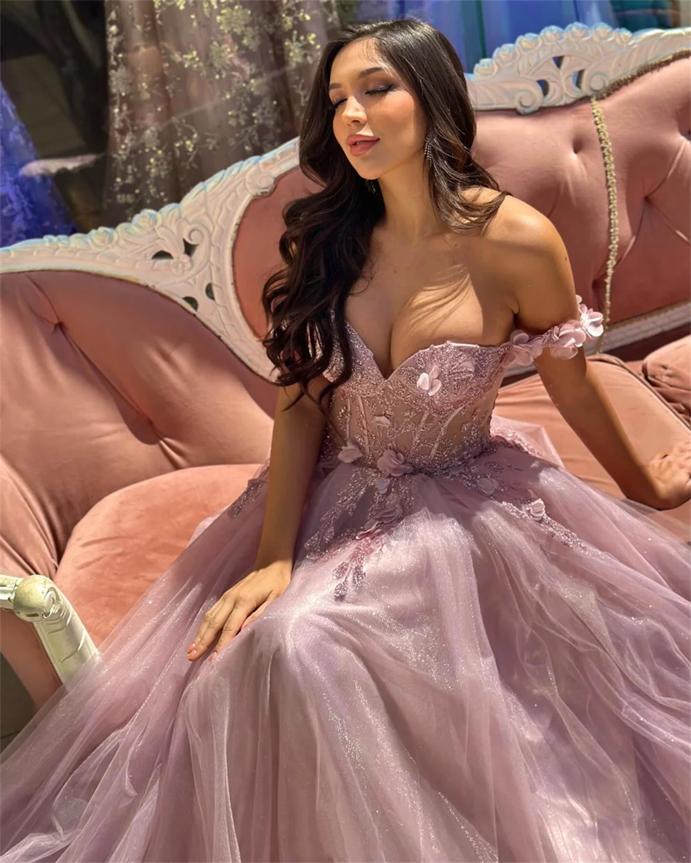 Jessica Glitter 3D Tulle Prom Dress Pink Off The Shoulder Evening Dresses Special Occasion Graduate Party Dresses Wedding Dress