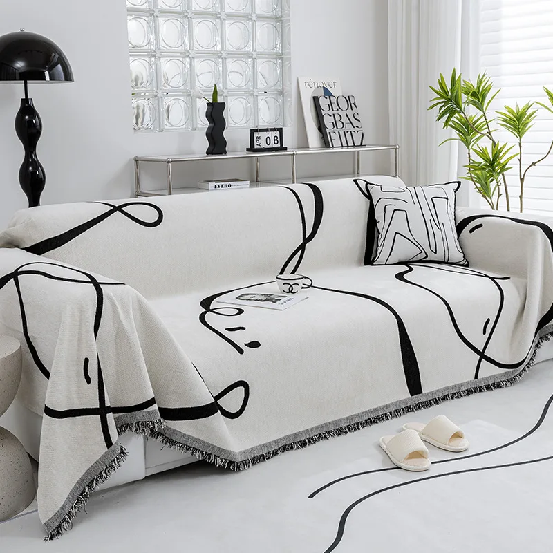 Black Line Chenille Sofa Cover Cloth Sofa Blanket  Full  Universal Couch Towel  Dust Proof Sofa Cushion