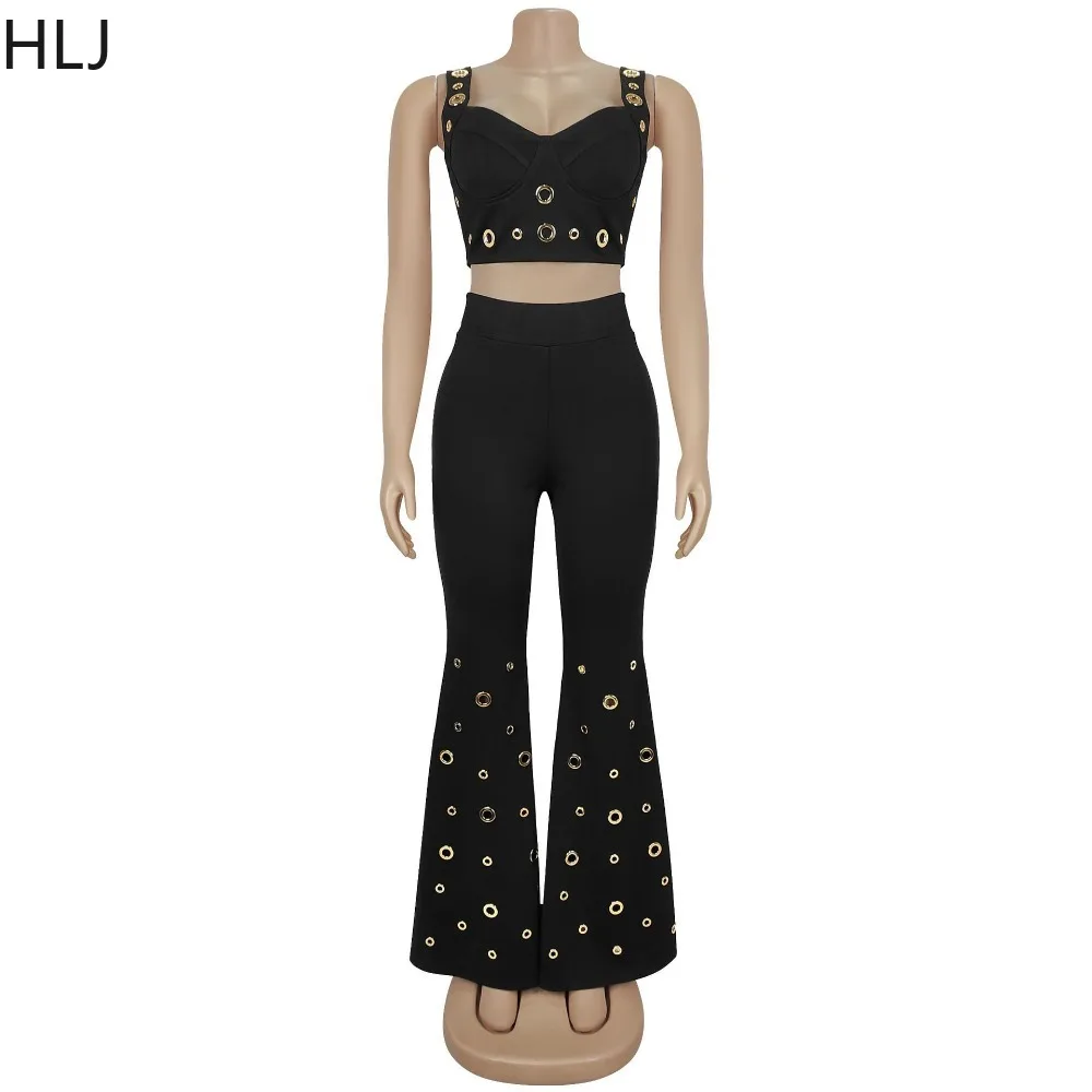 HLJ Fashion Two Piece Outfits Woman Spaghetti Strap Backless Metal Eyelet Crop Top and Pants Matching Suit Female Streetwear New