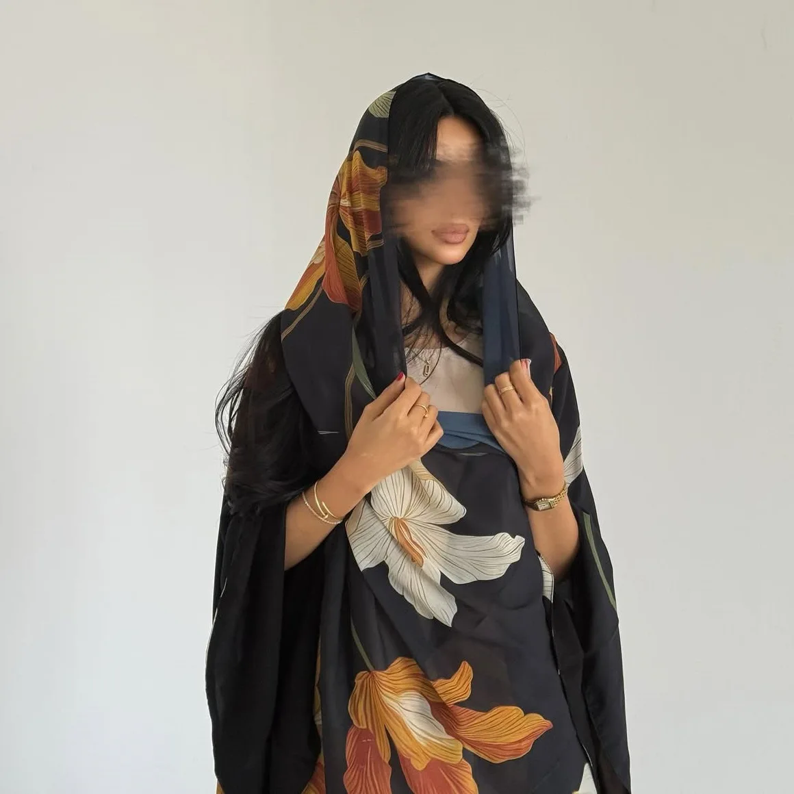 Trendy Modest Open Abaya Women Muslim Dress Floral Printed Islamic Clothing Abaya Dubai Long Robe with Headscarf