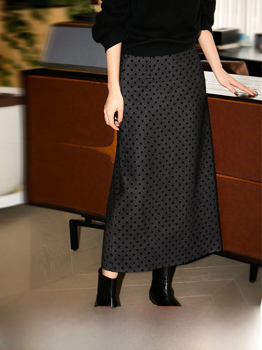 

Ele Simple Polka Dot Filter Light Velvet Me Skirt Commute OL Sle Polyester Fiber A-Line Skirt Stand Fit Spring Col...