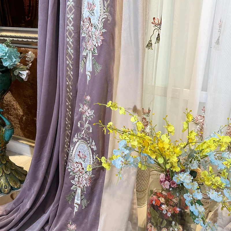 French European Embroidered Valance Velvet Splicing Luxury Window Balcony Floating Tulle Door Curtains for Living Room Bedroom