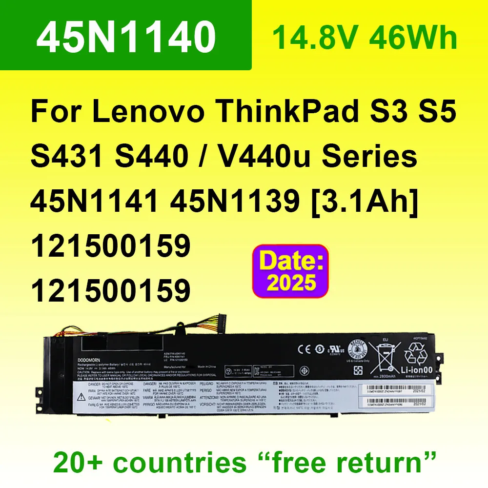 

45N1140 45N1141 For Lenovo ThinkPad S440 S431 S3 S5 V4400u Laptop Battery 45N1139 45N1138 121500159 121500158 14.8V 46Wh 3.1Ah