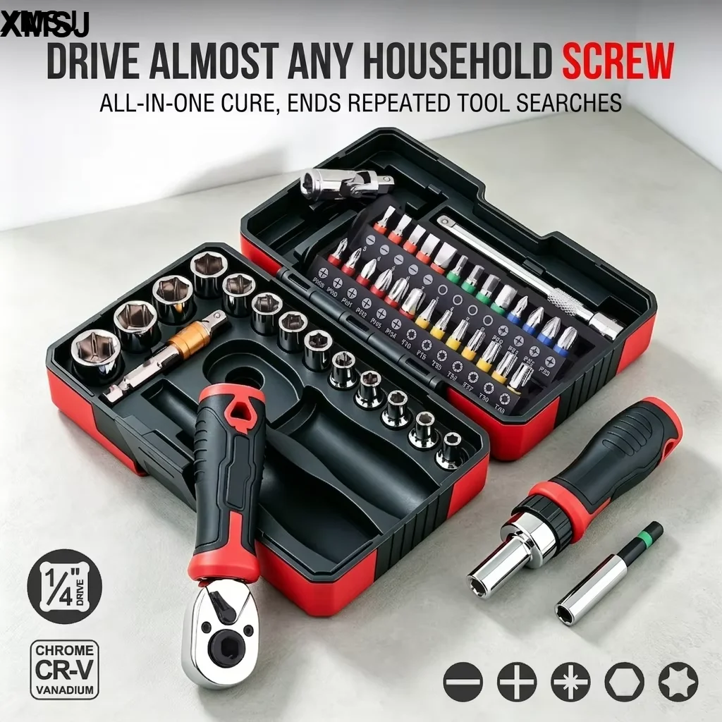 XMSJ 45PCS 1/4 Inch Drive Ratchet Screwdriver Socket Bit Set 72 Tooth CR-V Magnetic Bit Driver Auto Home Repair Tool Kit Case