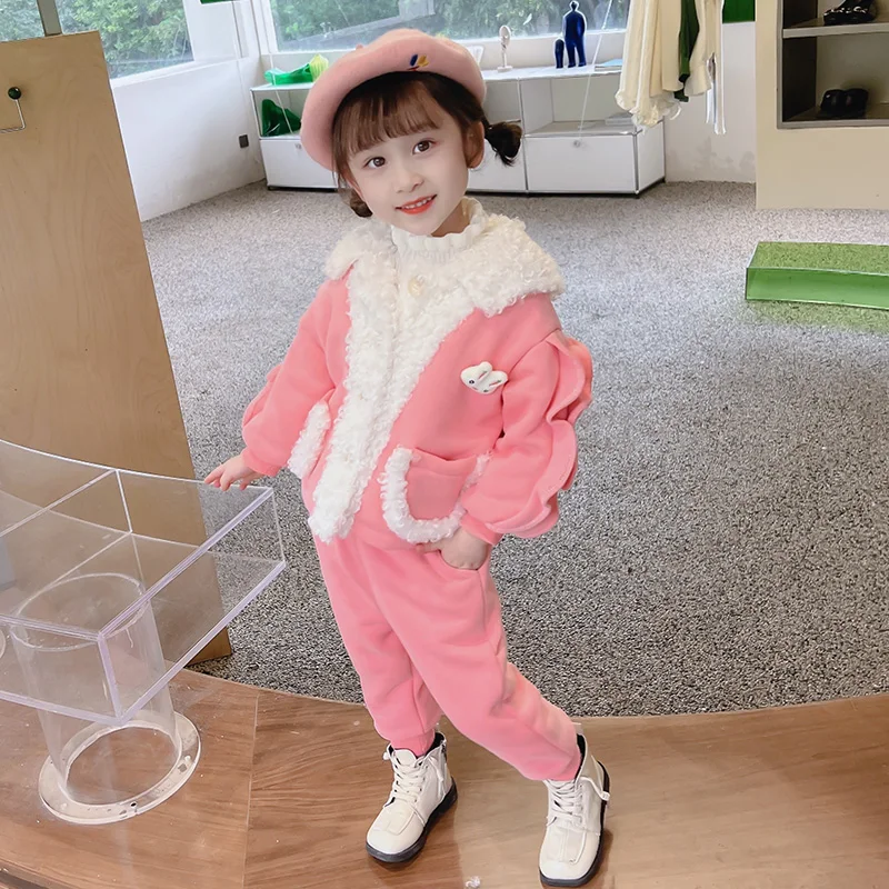 Children Winter Clothing Sets for Baby Girls Coats Pants Cartoon Rabbit Kids Clothes Outfits Thickened Plush Infant Tracksuits