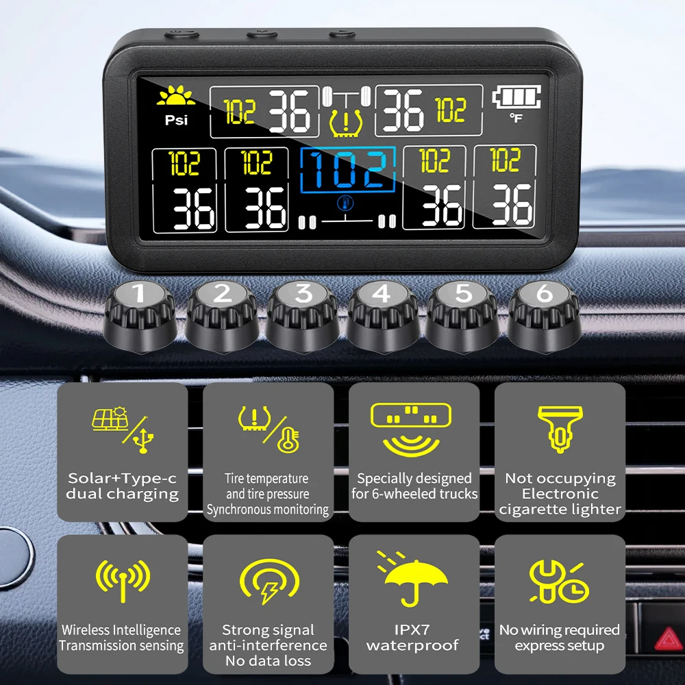 

4/6 TPMS Sensors AutoTruck TPMS Digital Display Automobile Truck Tire Pressure Alarm Solar TPMS Tire Pressure Monitoring System