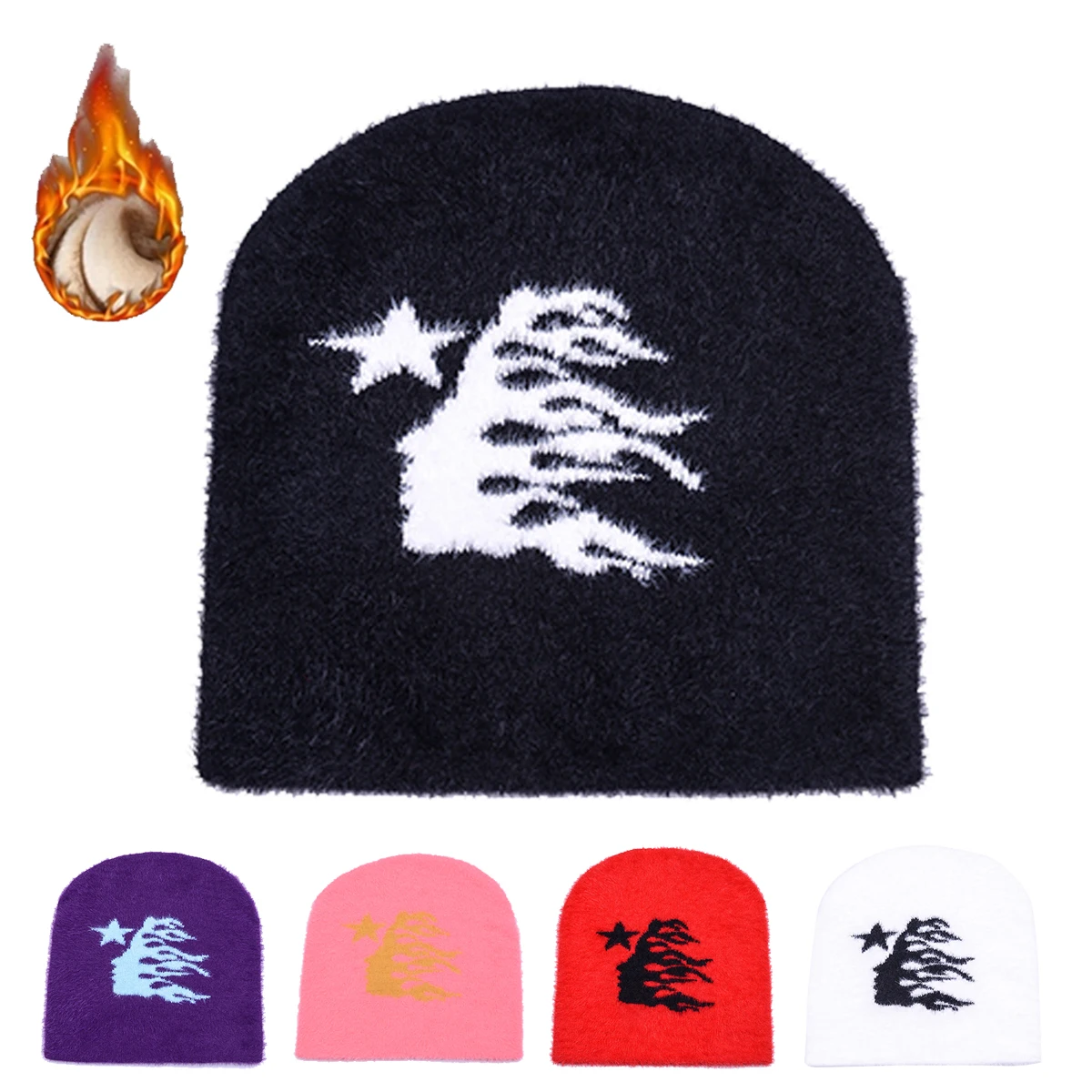 1pcs Y2k Black Plush Thickened Beanie Hat Men Beanie Hat Women Autumn Winter Knitted Beanie Hat - Windproof, Good Elasticity, Fa