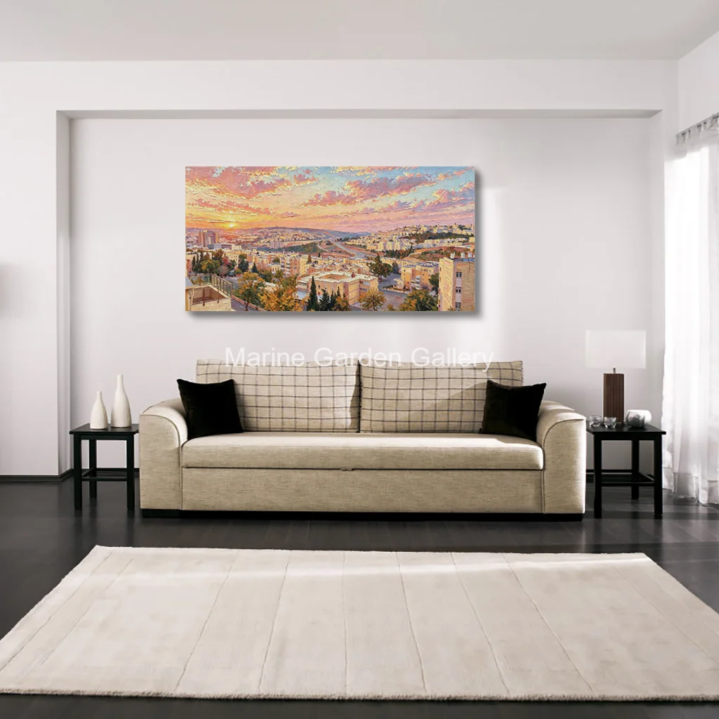 Hand Painted Jerusalem Sunset Oil Painting Pink Textured Canvas Large Israel Cityscape Art for Contemporary Dining Room Decor