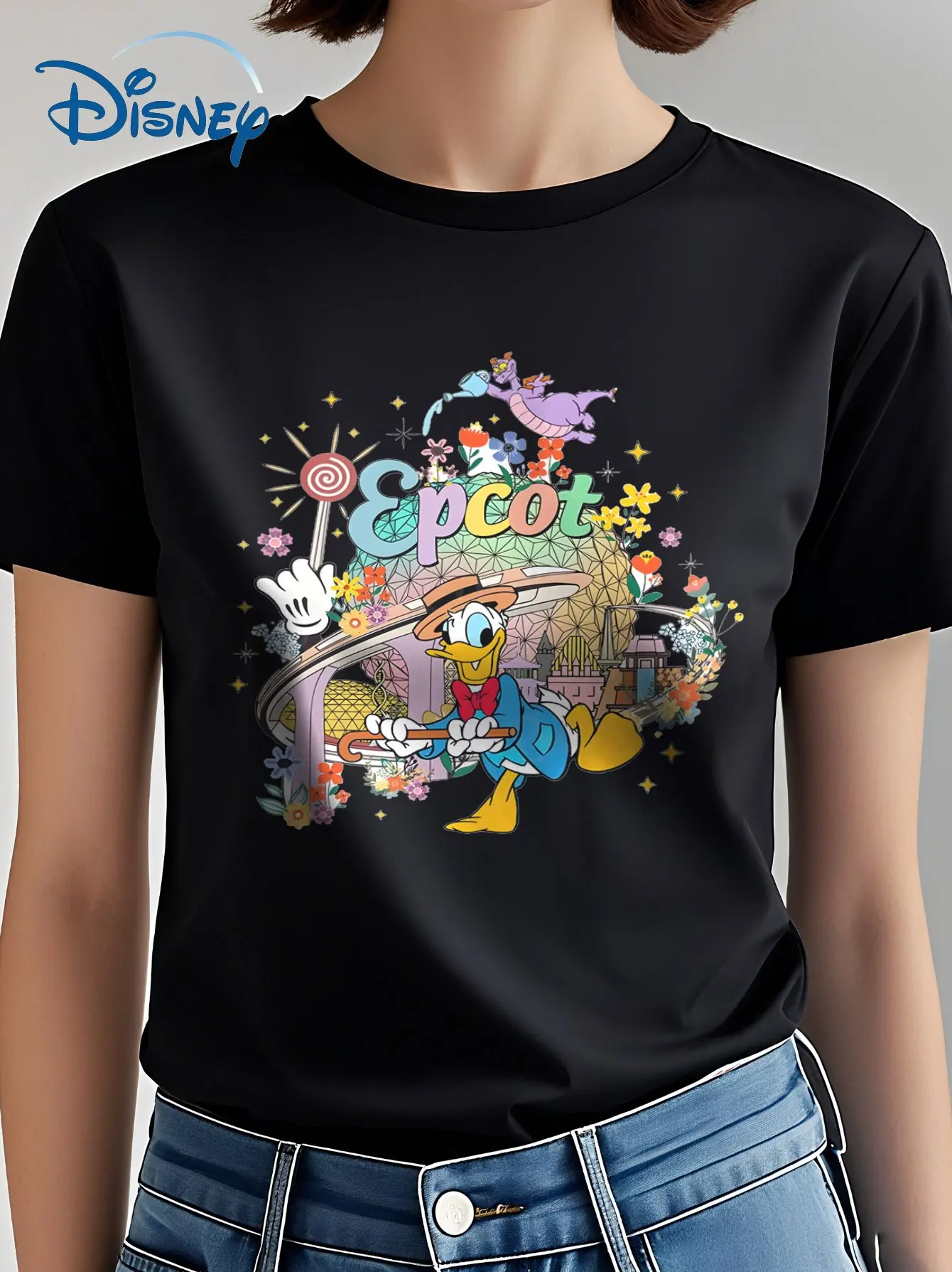 

Disney Women's Vintage Donald Duck Epcot Floral T-Shirt - Black Casual Short Sleeve Round Neck Tee with Colorful Cartoon Design
