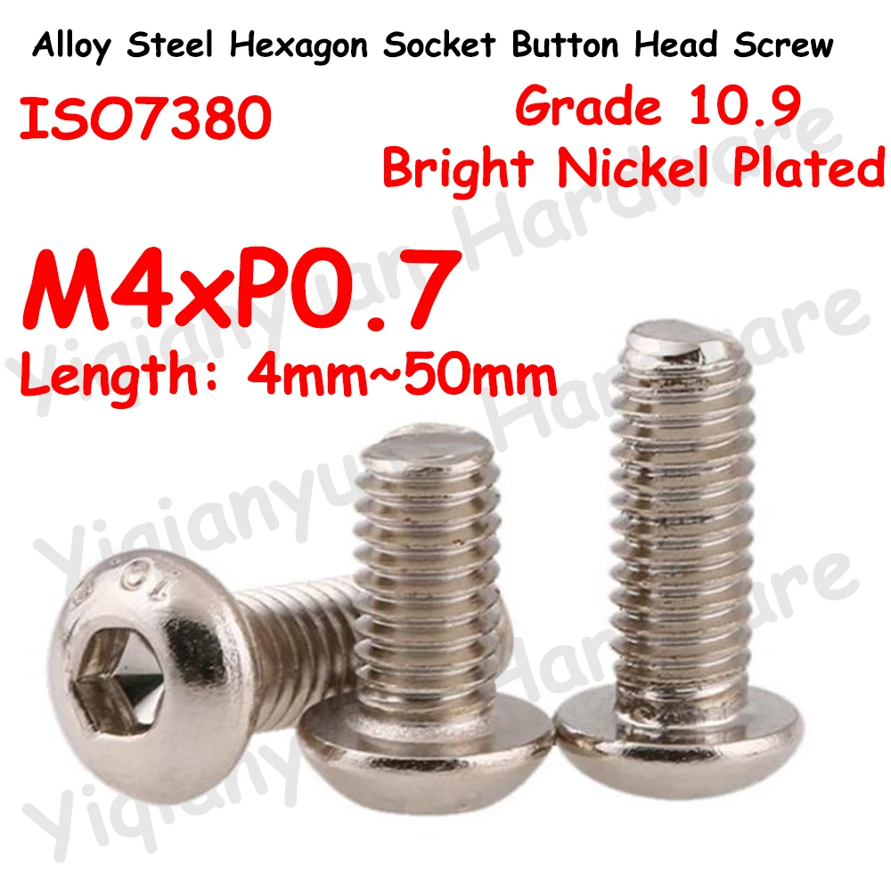 Yiqianyuan ISO7380 M4xP0.7 Grade 10.9 Alloy Steel Hexagon Socket Button Head Screws Bright Nickel Plated Allen Key Hex Bolts